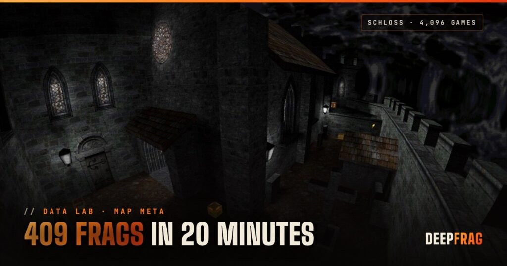 Quake schloss castle map screenshot with the headline: 409 frags in 20 minutes
