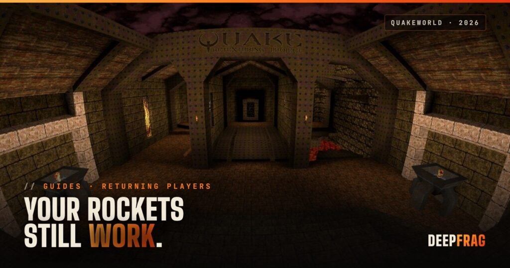 Quake start map screenshot with the headline: your rockets still work